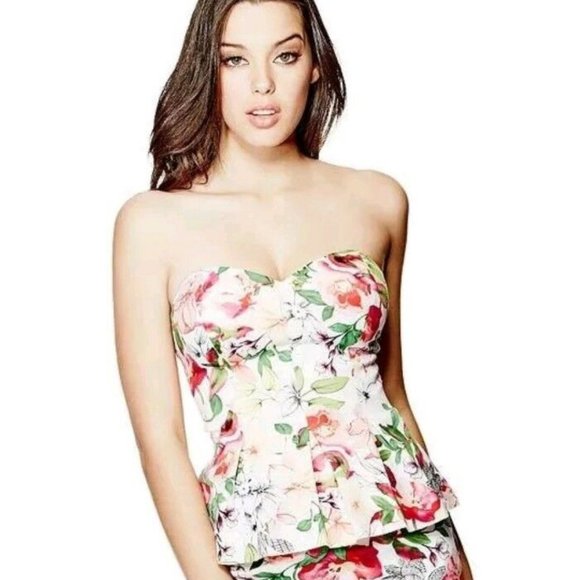 Guess Tops - Guess Bella Floral Strapless Bustier Peplum Top